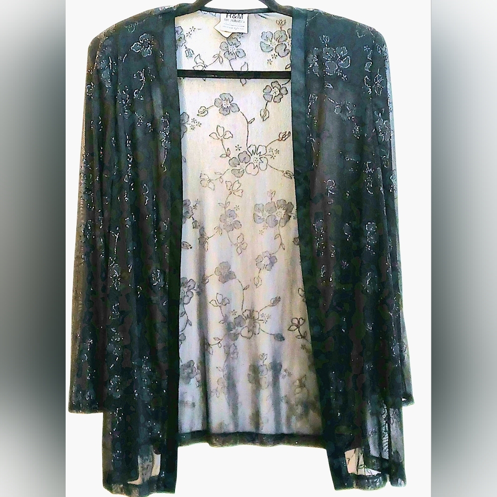 R&M Richards Women’s Petite Black Sheer Shimmering Floral Jacket-Size 16 EUC